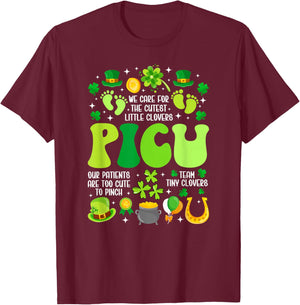 Groovy St. Patrick's Day PICU Nurse Shamrock PICU Nursing T-Shirt - T-Shirt | Maroon