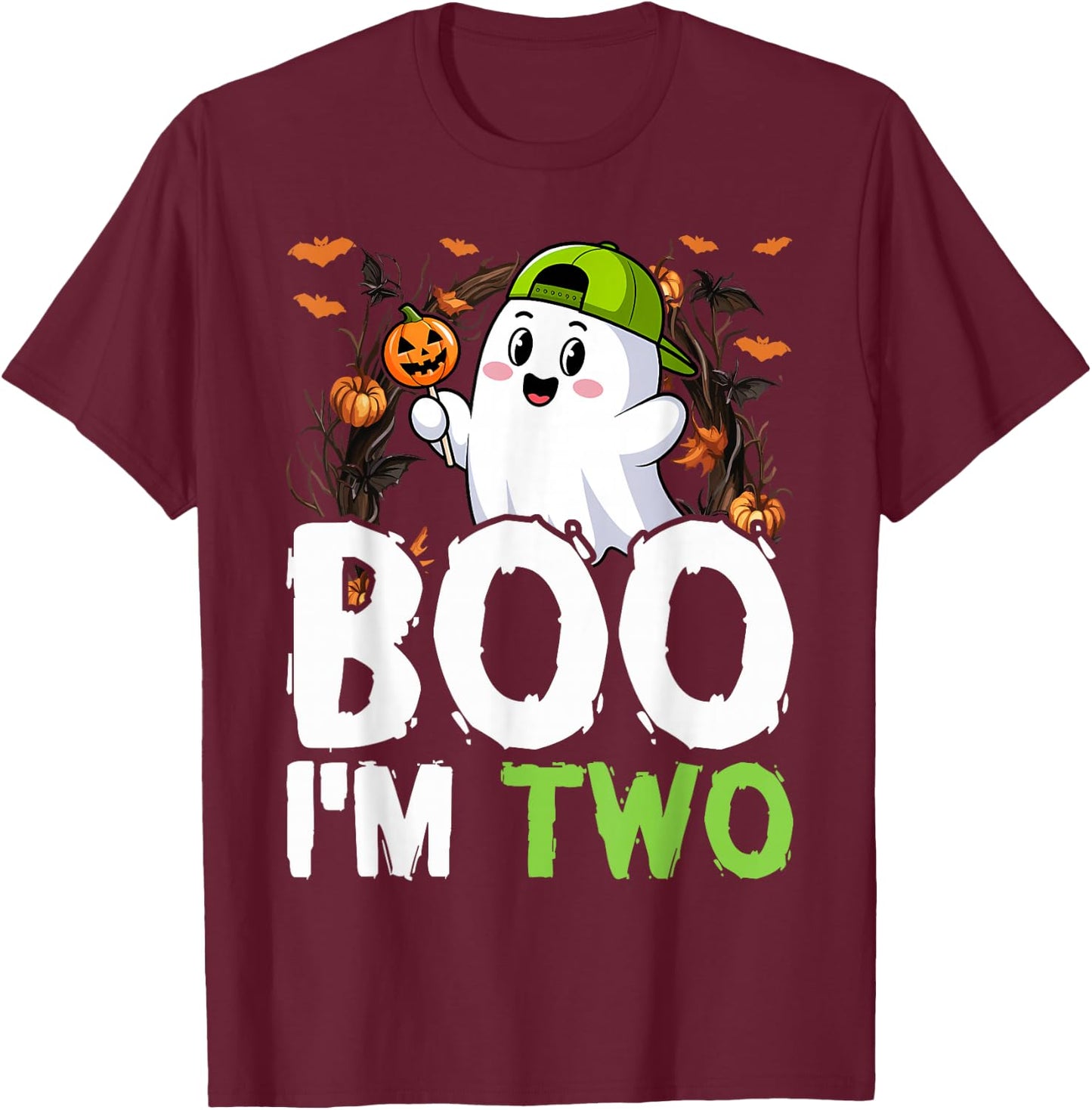 Boo I'm Two Ghost Second 2nd Birthday Cute Halloween Groovy T-Shirt - T-Shirt | Maroon