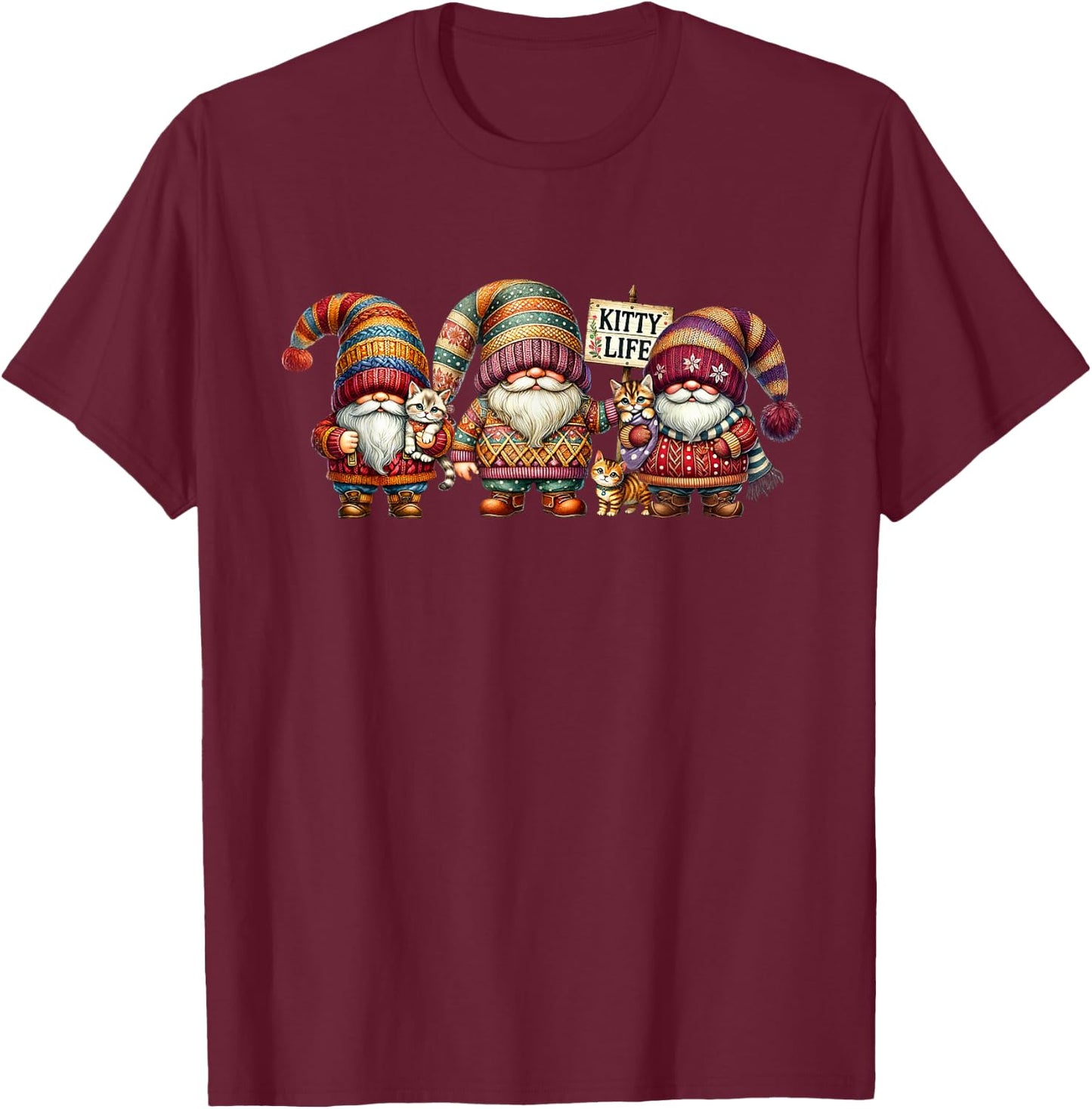 Christmas Gnomes With Cute Kitten For Xmas Funny Cat Lady T-Shirt - T-Shirt | Maroon