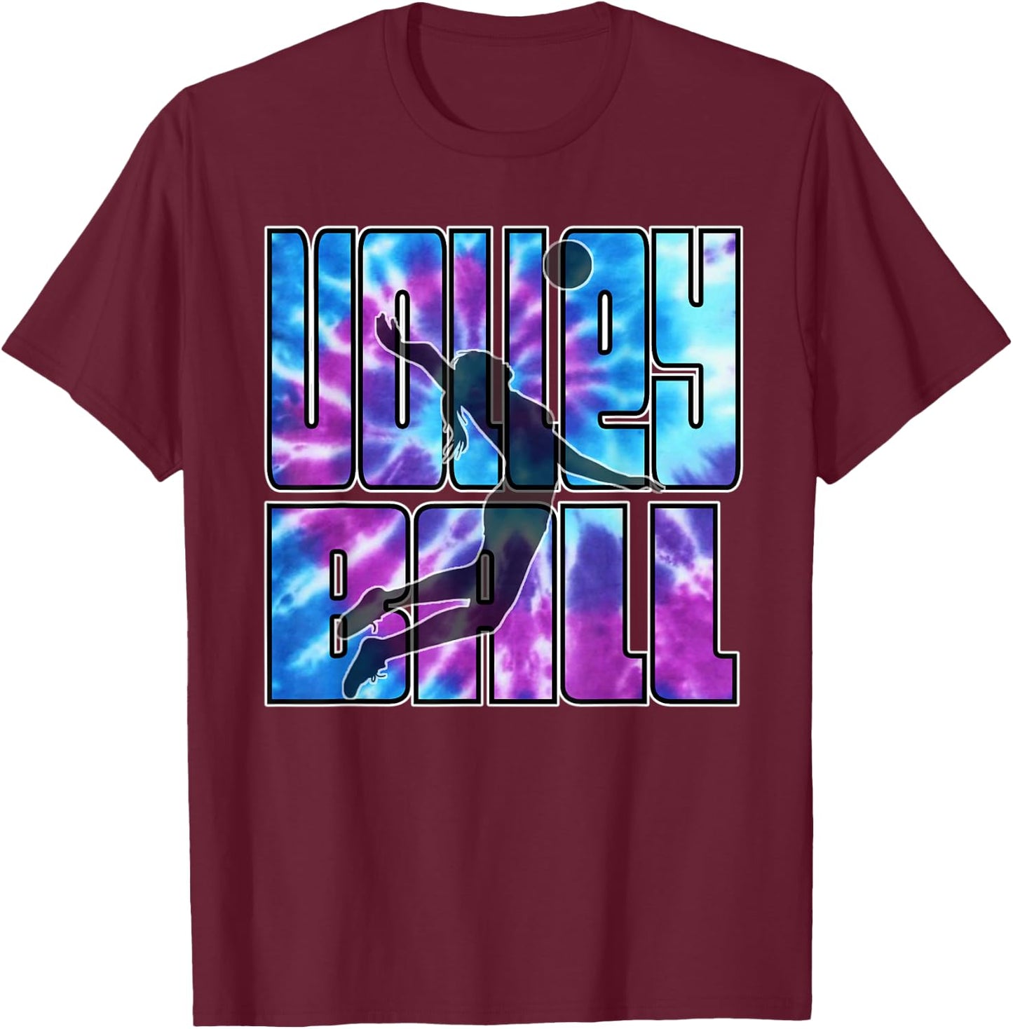 Volleyball Tie Dye Blue Purple Serving Silhouette Girl Gift T-Shirt - T-Shirt | Maroon