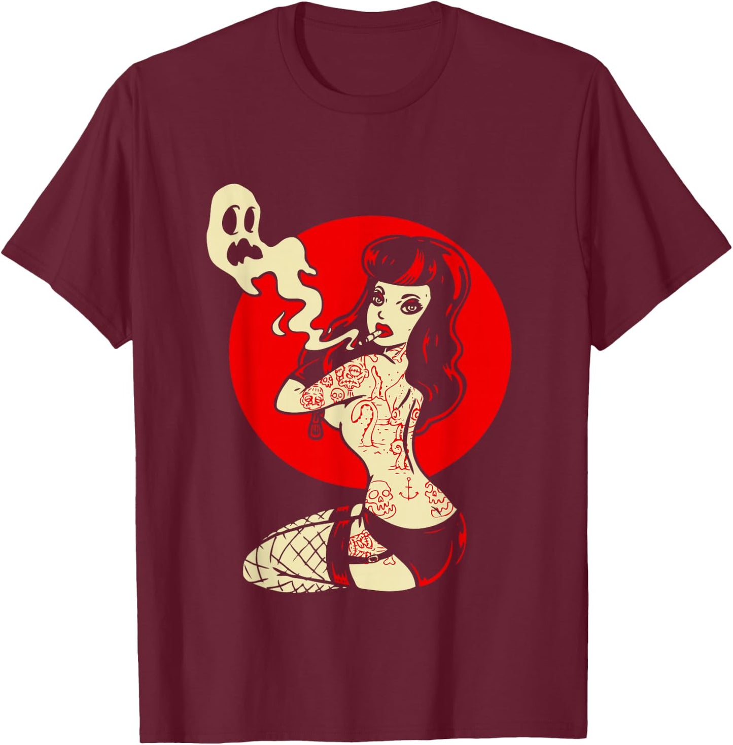 Horror Pinup Sexy Goth Girl Burlesque - Psychobilly Punk Art T-Shirt - T-Shirt | Maroon