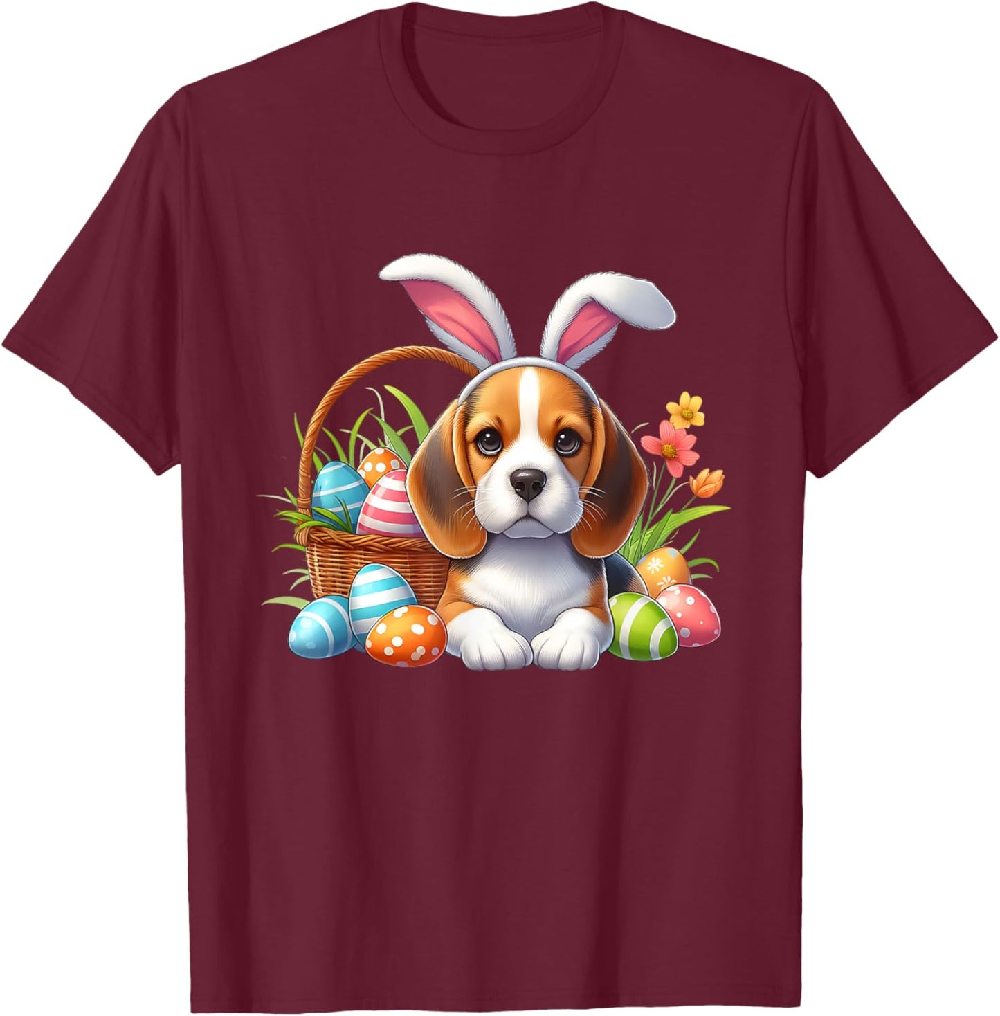 Beagle with Easter Bunny Ears and Colorful Easter Eggs T-Shirt - T-Shirt | Maroon