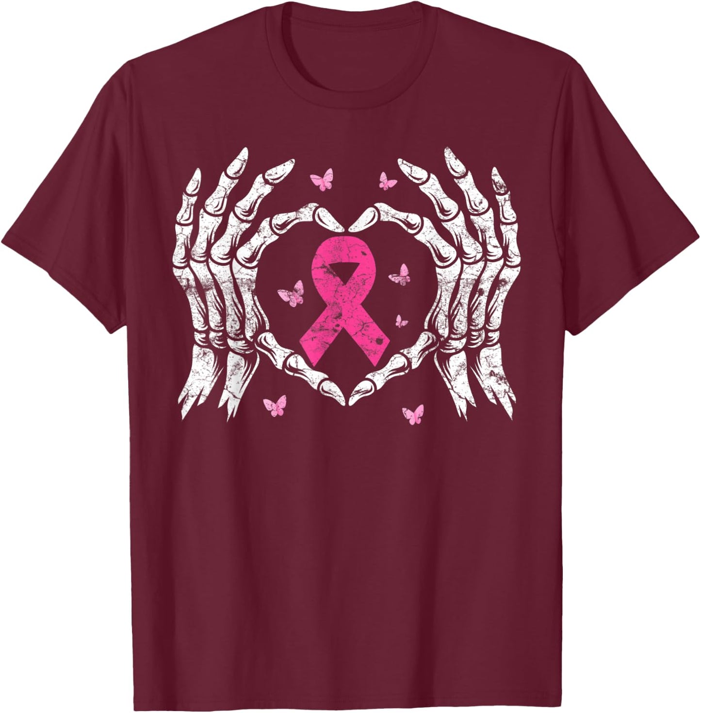 Skeleton Hand Heart Pink Ribbon Breast Cancer Awareness T-Shirt - T-Shirt | Maroon