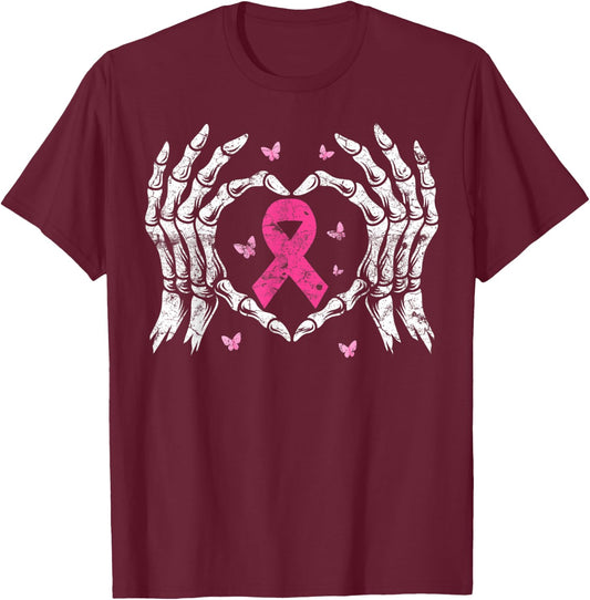 Skeleton Hand Heart Pink Ribbon Breast Cancer Awareness T-Shirt - T-Shirt | Maroon