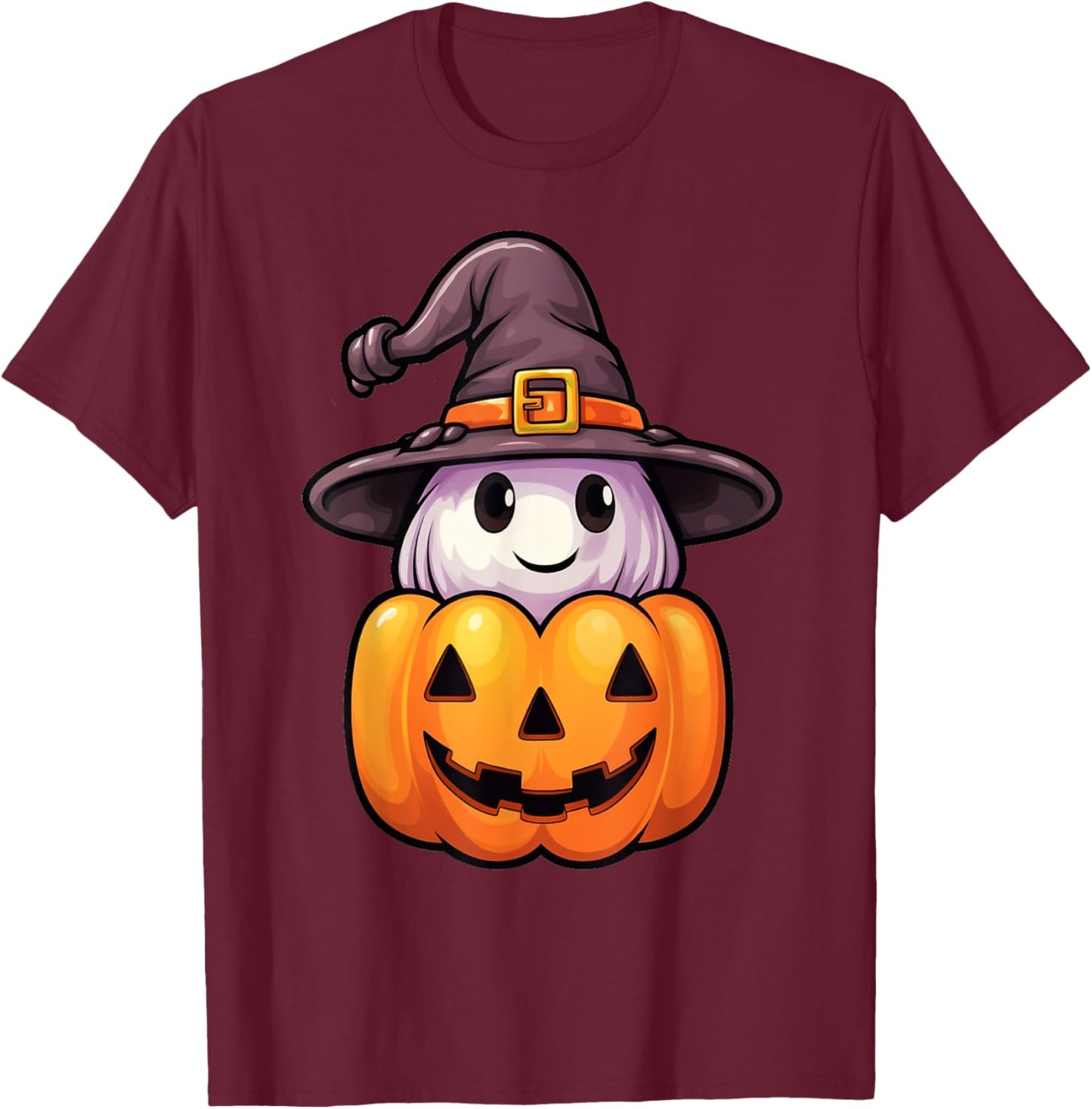 Ghost with Witch Hat on a Halloween Pumpkin Jack O Lantern T-Shirt - T-Shirt | Maroon