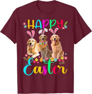 Happy Easter Three Golden Retriever Wearing Bunny Ear Gifts T-Shirt - T-Shirt | Maroon