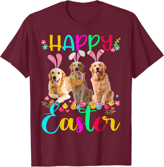 Happy Easter Three Golden Retriever Wearing Bunny Ear Gifts T-Shirt - T-Shirt | Maroon