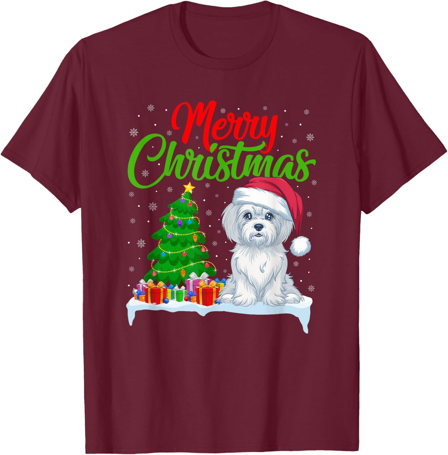 Maltese Dog Christmas Tree Lights Xmas Maltese Dog Lover T-Shirt - T-Shirt | Maroon