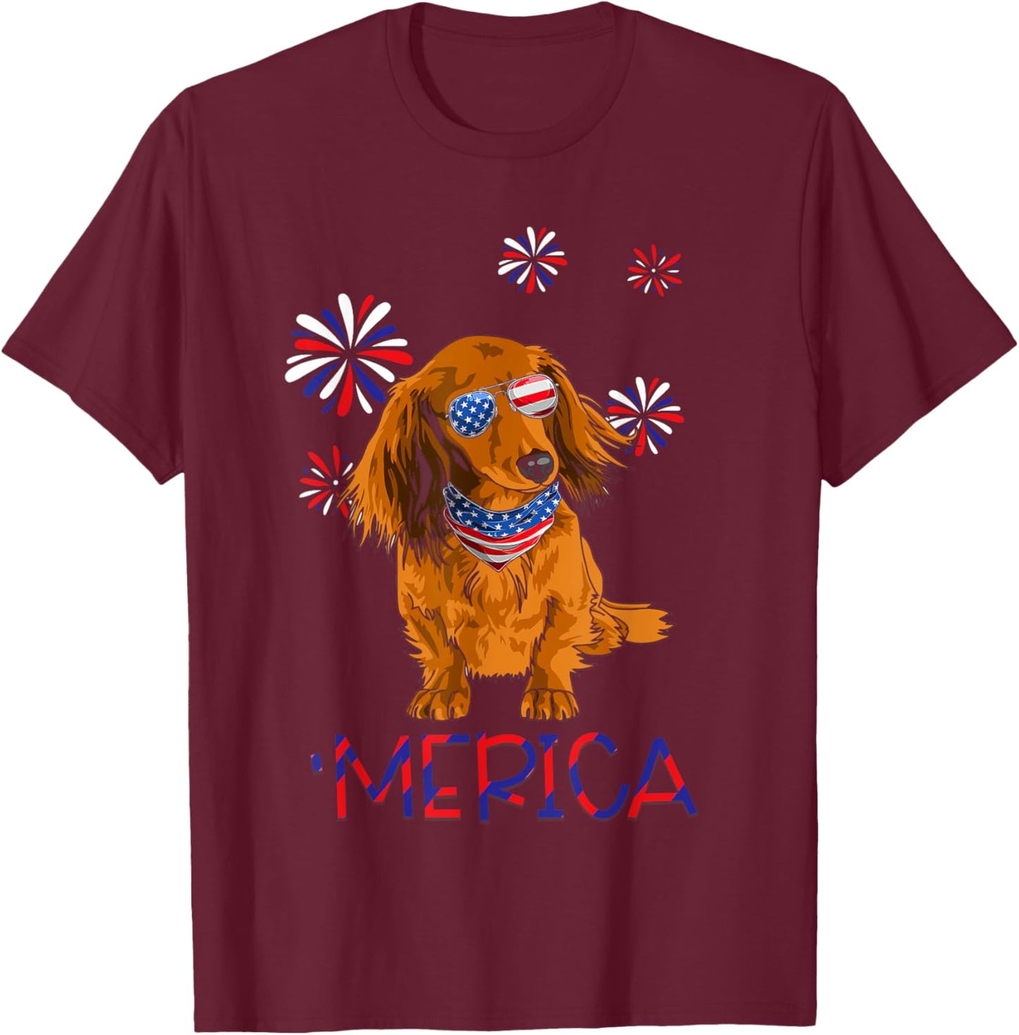 Red Long-Haired Dachshund 'Merica Dog Lover 4th Of July Men T-Shirt - T-Shirt | Maroon