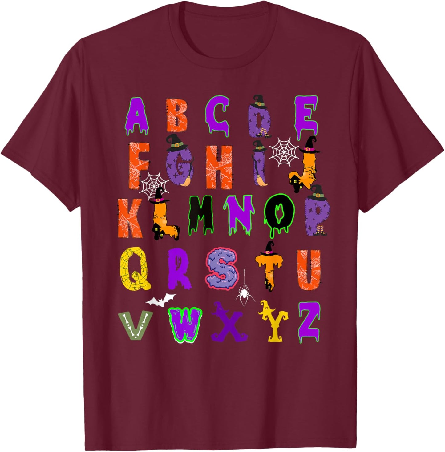 Funny Halloween Alphabet ABCs Learning Kindergarten Teacher T-Shirt - T-Shirt | Maroon