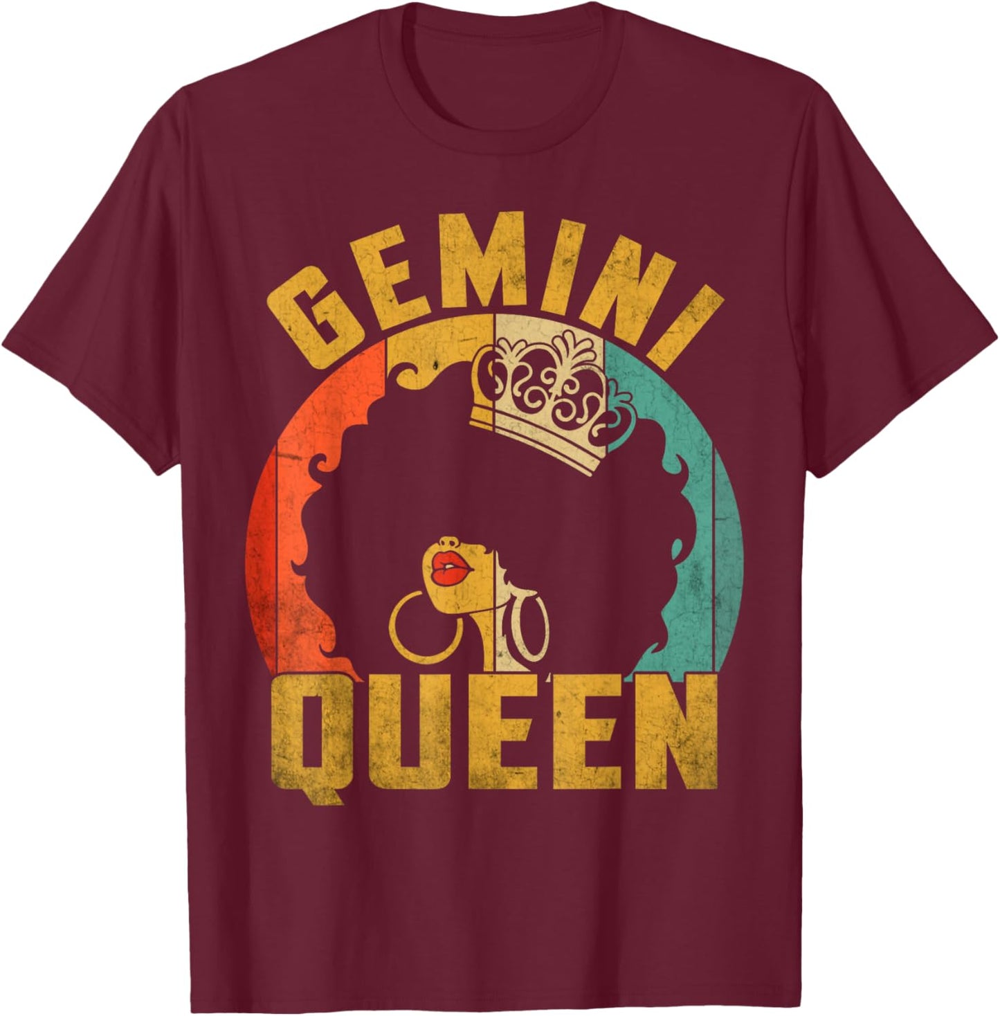 Gemini Queen Afro Black Women Vintage Zodiac Birthday T-Shirt - T-Shirt | Maroon