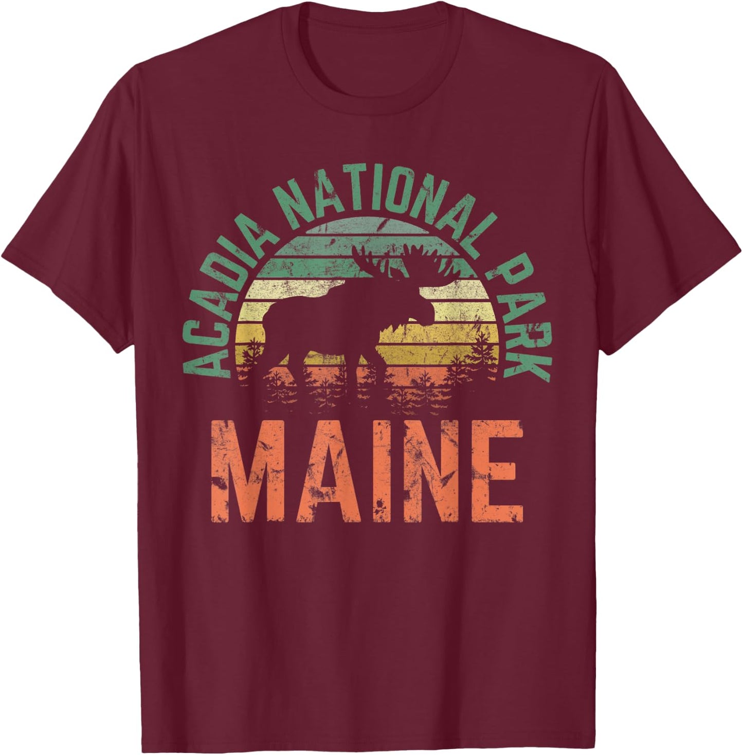 Acadia Maine Nature Hiking Moose Outdoors Vintage T-Shirt - T-Shirt | Maroon