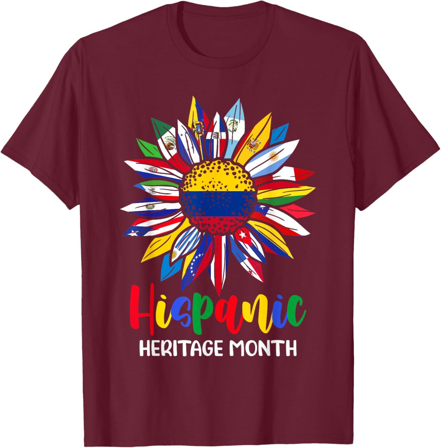 Hispanic Heritage Month Colombia Flag Sunflower Latino Flags T-Shirt - T-Shirt | Maroon