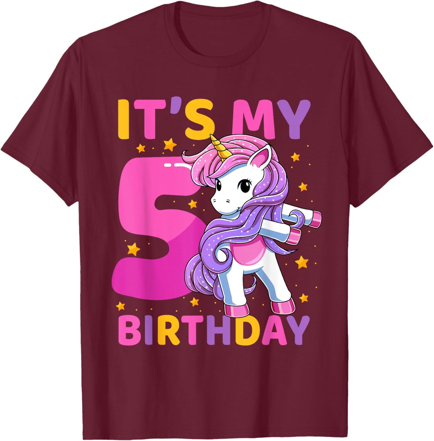 5 Years Old Unicorn Flossing 5th Birthday Party Girls Kids T-Shirt - T-Shirt | Maroon