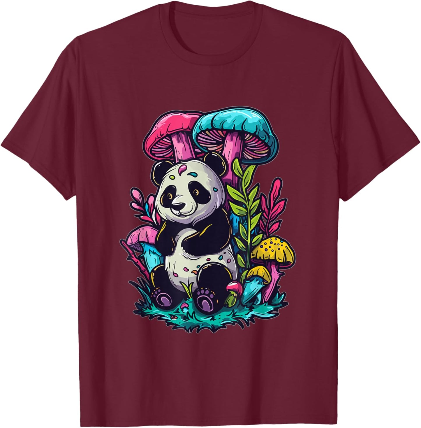 Trippy EDM Mushroom Art Party Panda T-Shirt - T-Shirt | Maroon