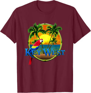 Key West Sunset Beach Sunset and Parrot Men Women Kids T-Shirt - T-Shirt | Maroon