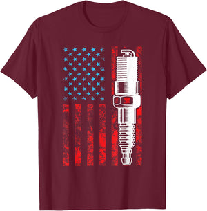 American Flag Spark Plug - Vintage Car Lover USA T-Shirt - T-Shirt | Maroon