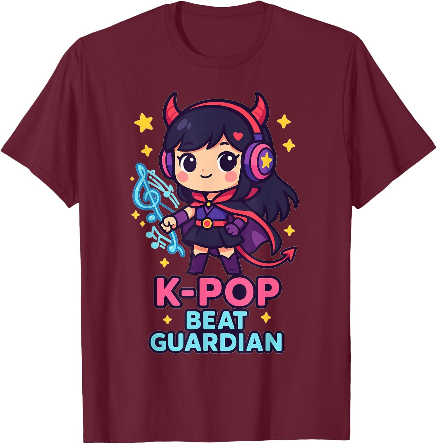 K-Pop Beat Guardian – Cute Chibi Anime Girl with Headphones T-Shirt - T-Shirt | Maroon