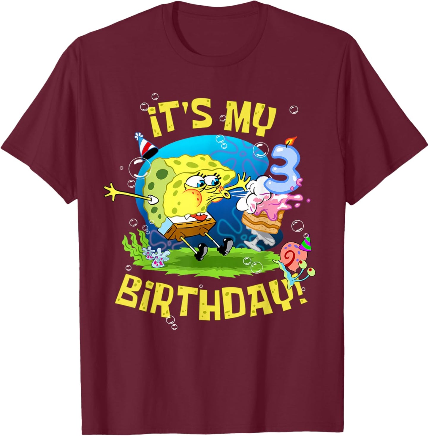 Spongebob It's My 3rd Birthday Cake Three Years Spongebob T-Shirt - T-Shirt | Maroon