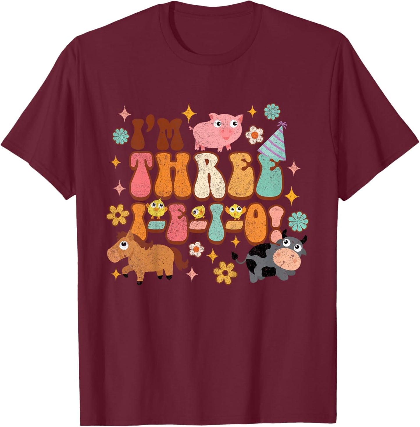 Kids I'm Three I E I O Country Farm Birthday 3rd Birthday Party T-Shirt - T-Shirt | Maroon