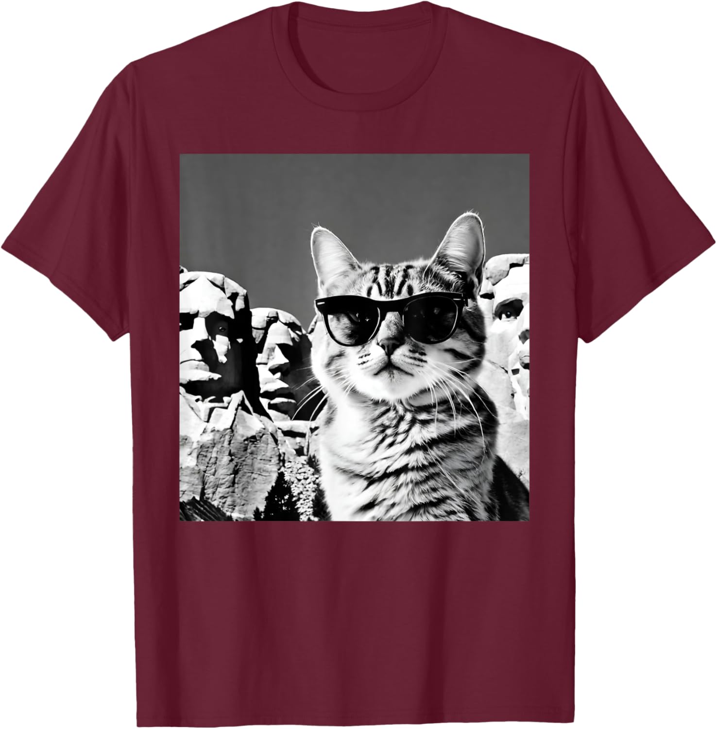 Funny Cat Wearing Sunglasses At Joke Mount Rushmore T-Shirt - T-Shirt | Maroon