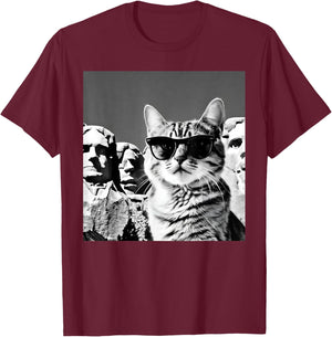 Funny Cat Wearing Sunglasses At Joke Mount Rushmore T-Shirt - T-Shirt | Maroon