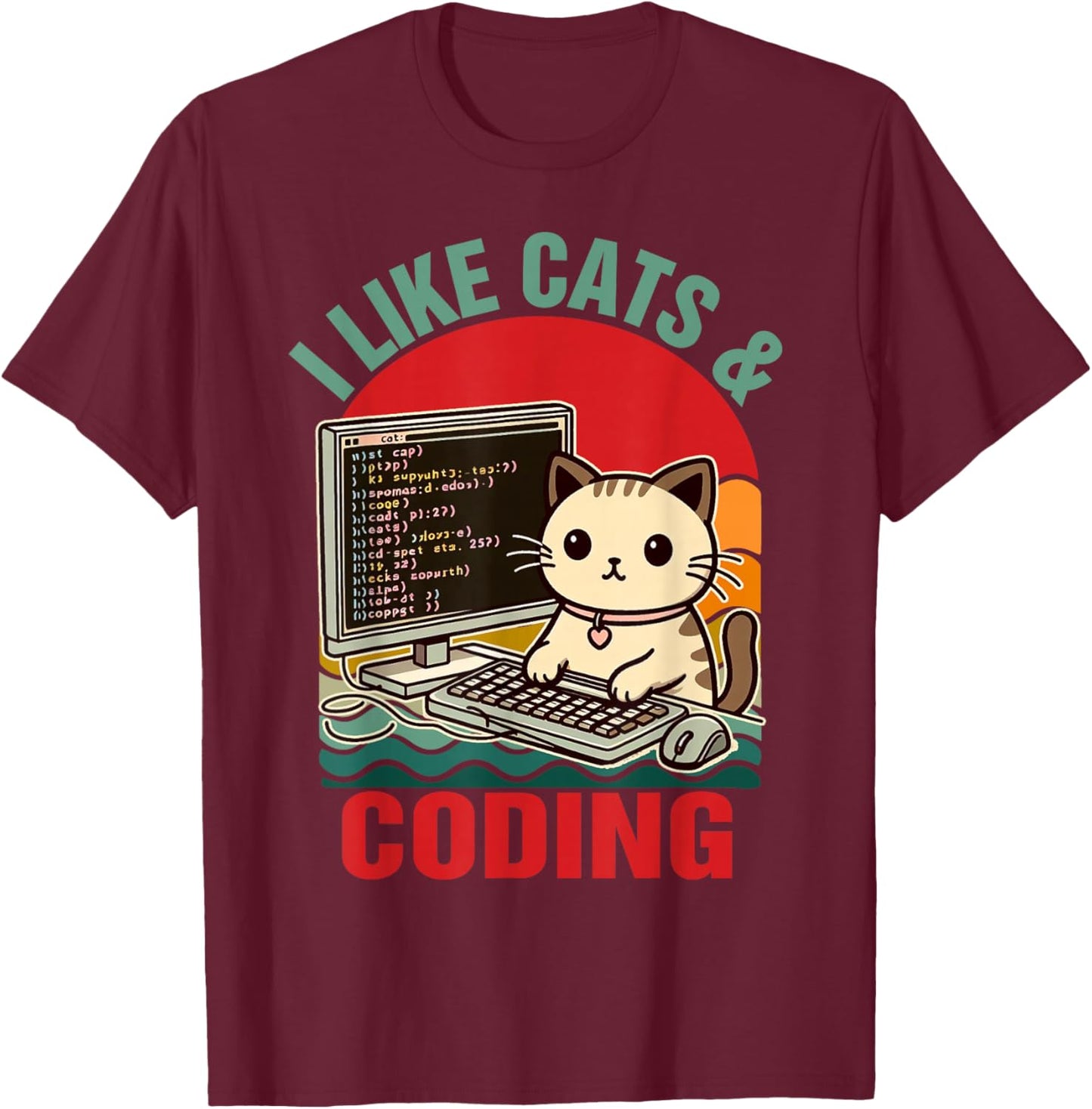 Coder Programmer Cat Lover Cat Dad I Like Cats & Coding T-Shirt - T-Shirt | Maroon