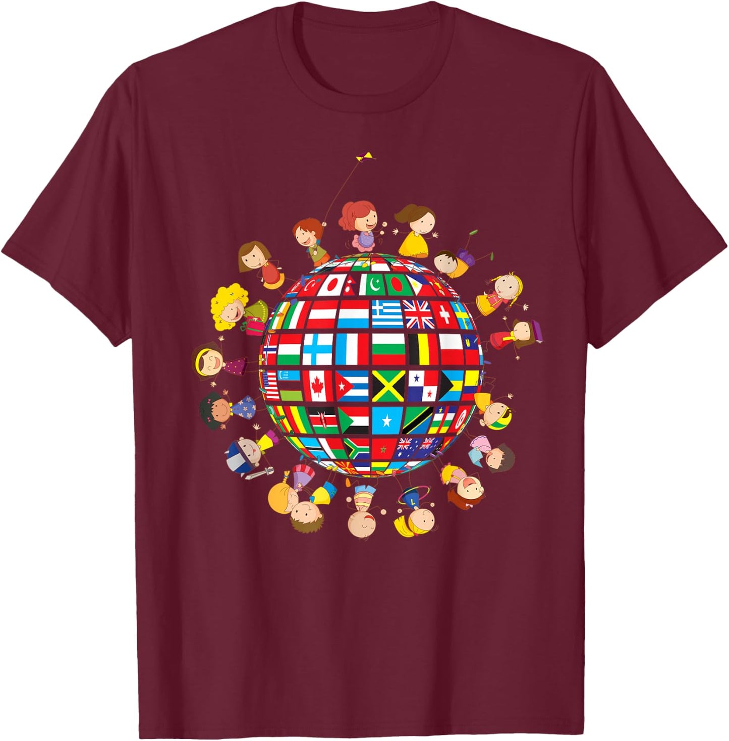 Flags of the World Kids around the Globe Cultural diversity T-Shirt - T-Shirt | Maroon