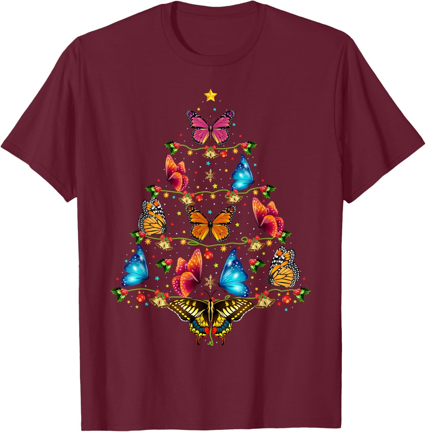 Butterfly Bird Lover Xmas Gift Butterfly Christmas Tree T-Shirt - T-Shirt | Maroon