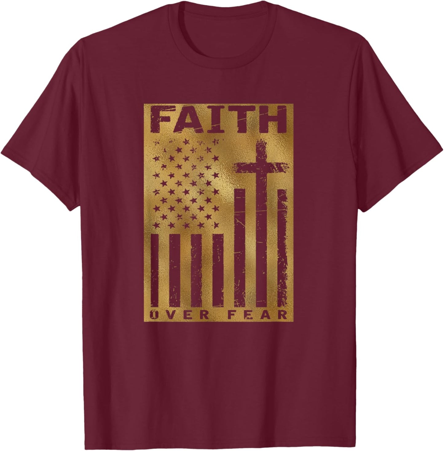 Christian USA Flag American Christ Faith Over Fear Cross T-Shirt - T-Shirt | Maroon