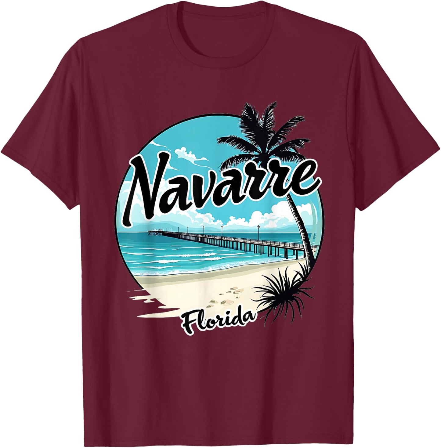 Scenic Navarre Florida Beach and Pier Art T-Shirt - T-Shirt | Maroon