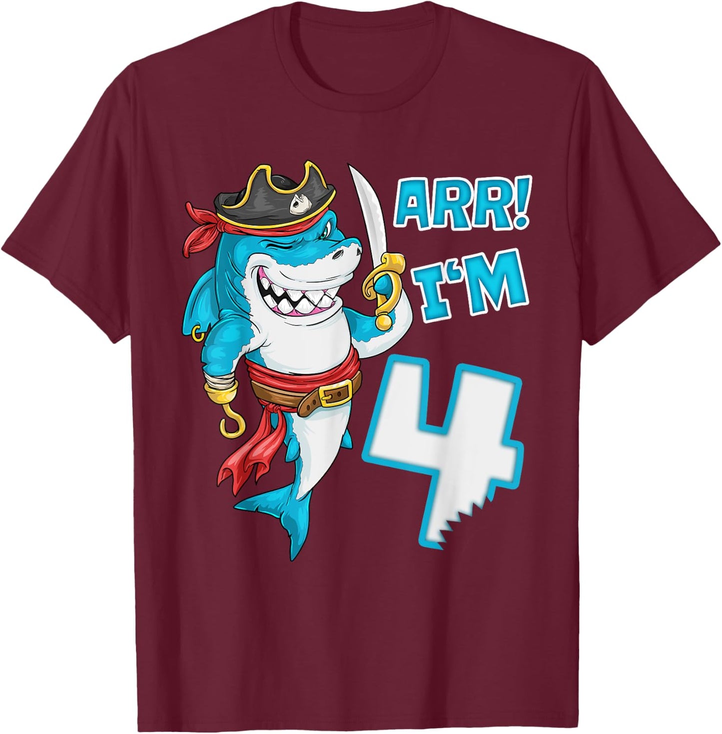 I'm 4 years Bday Shark pirate 4th Birthday boy pirate Party T-Shirt - T-Shirt | Maroon