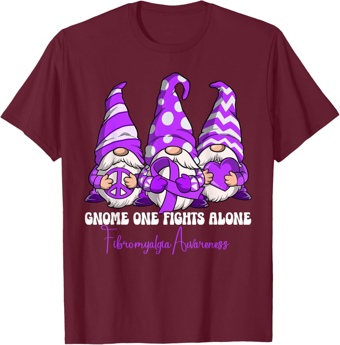 Fibromyalgia Awareness Gifts Fibromyalgia Awareness - -Adults, -Kids - Black - Short Sleeve - Classic Fit - Cotton, Polyester - Gnome One Fights Alone T-Shirt - T-Shirt | Maroon