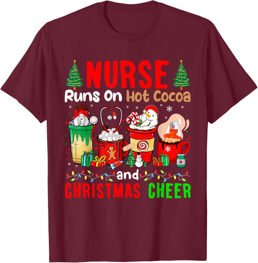 Nurse Runs On Hot Cocoa And Christmas Cheer Gnome Lover T-Shirt - T-Shirt | Maroon