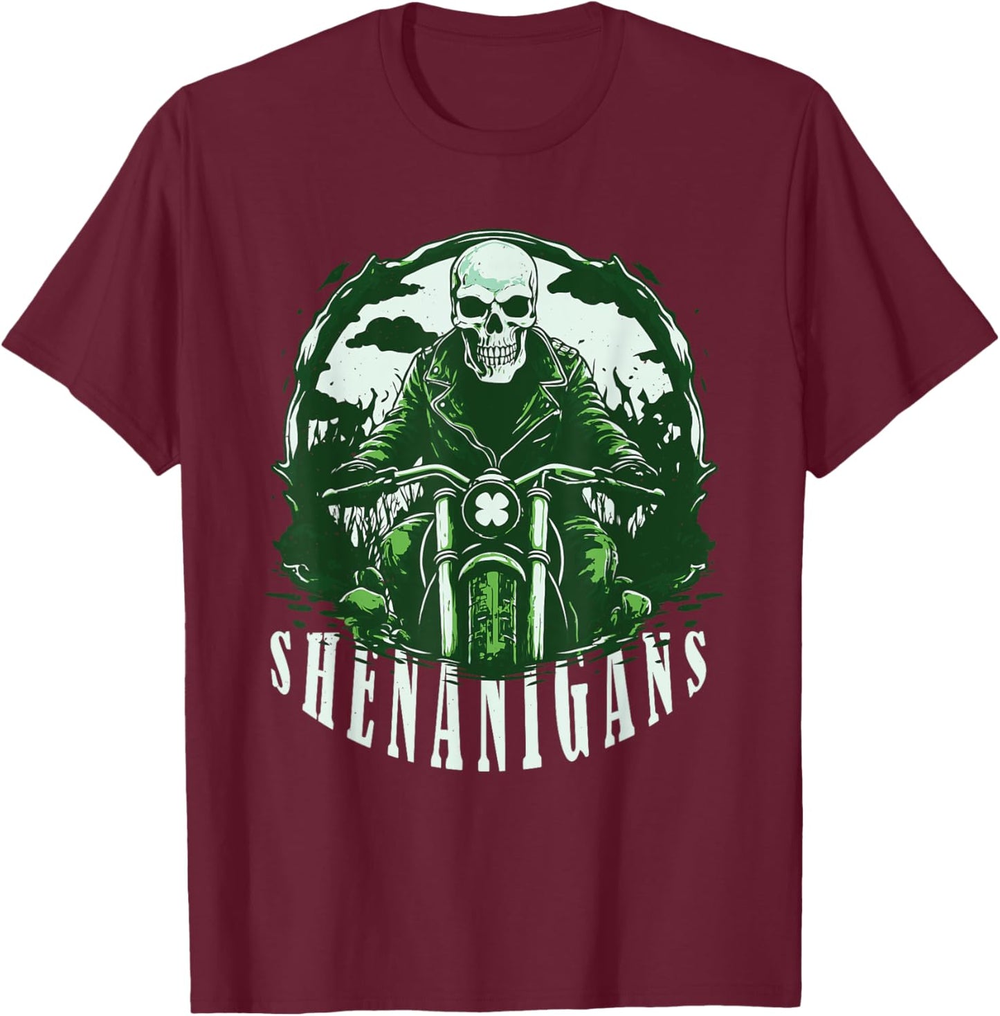 St Patrick's Day for Motorcycle Shenanigans, Irish Skull T-Shirt - T-Shirt | Maroon