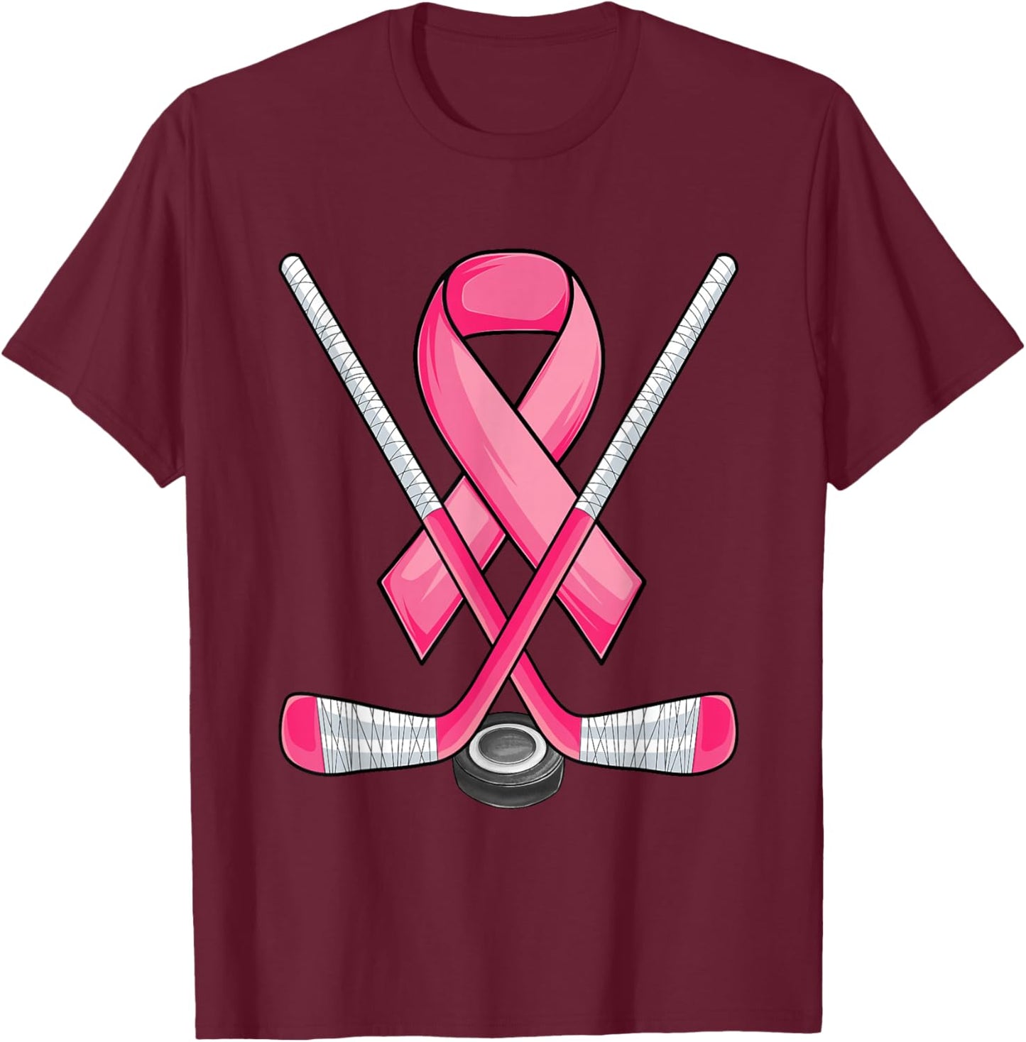 Ice Hockey Pink Ribbon Breast Cancer Awareness Sport Lover T-Shirt - T-Shirt | Maroon