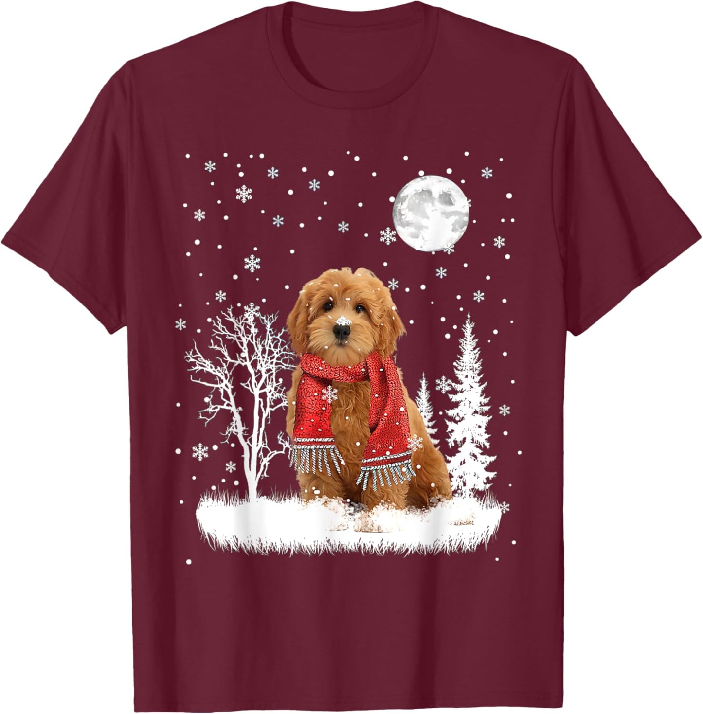 Goldendoodle Under Moonlight Snow Christmas Pajama T-Shirt - T-Shirt | Maroon