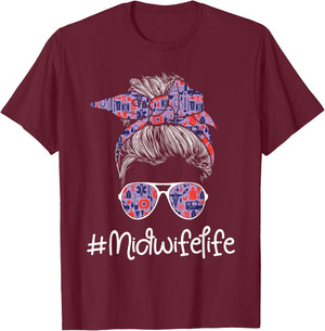 Midwife Life - Lady Messy Bun Doula Midwifery Birth Worker T-Shirt - T-Shirt | Maroon