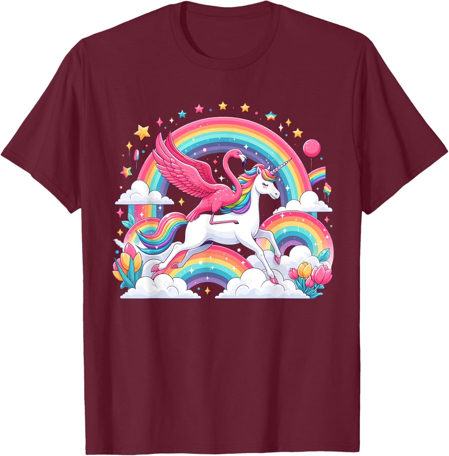 Flamingo Riding Unicorn Galaxy Rainbow Lover Girl Women T-Shirt - T-Shirt | Maroon