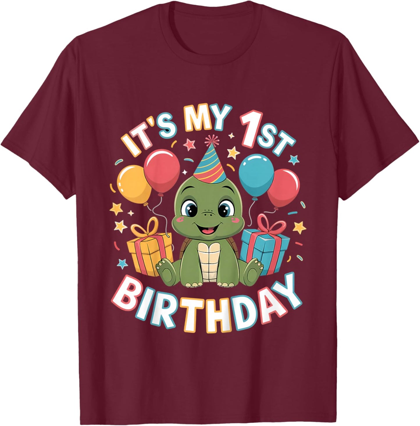 Kids 1st Birthday Turtle Party Design T-Shirt - T-Shirt | Maroon