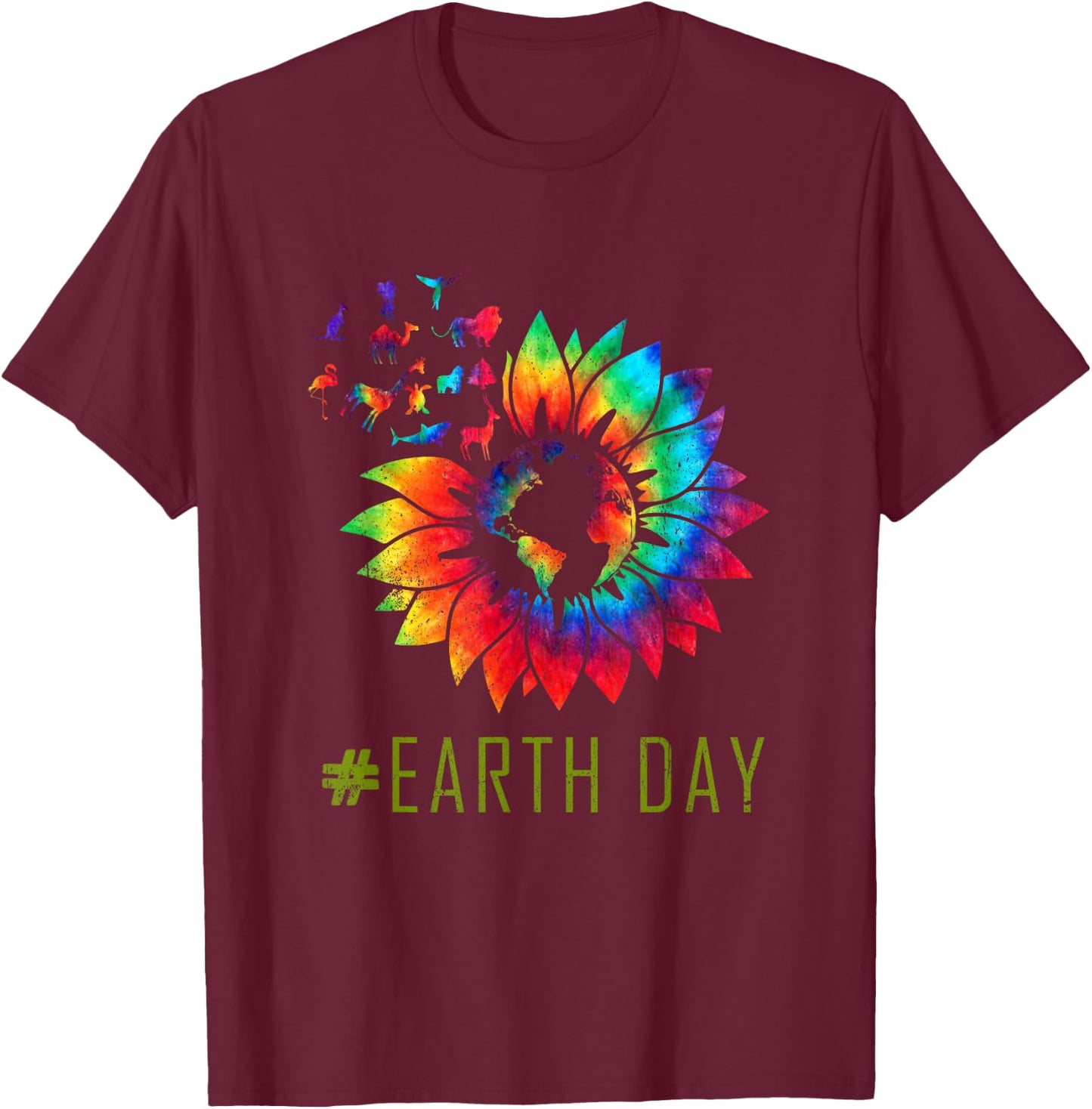 Earth Day Hippie Tie Dye Sunflower Earth Animals Outfit T-Shirt - T-Shirt | Maroon