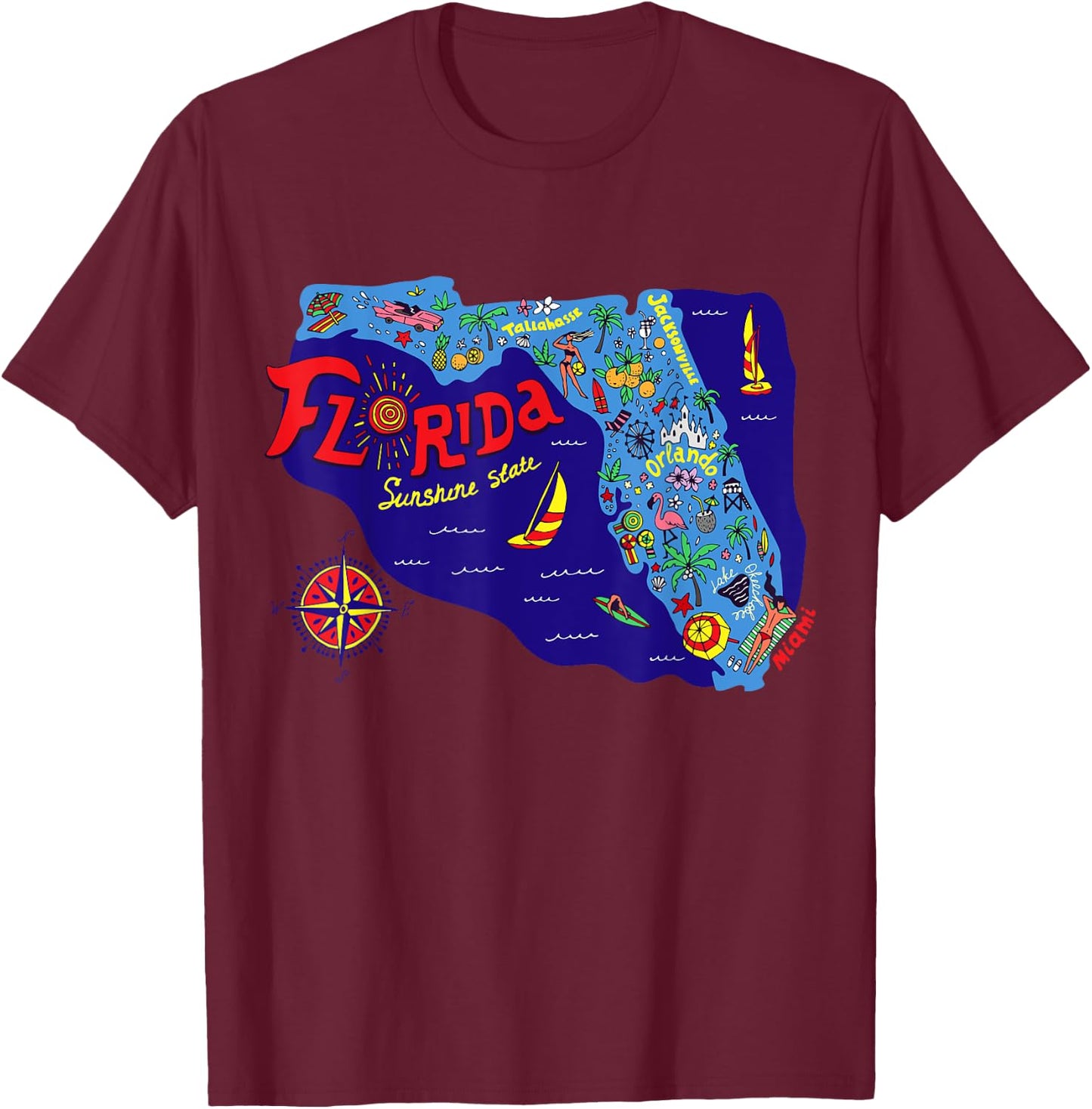 I Love Florida T Shirt, Cute Colorful Florida Graphic Map T-Shirt - T-Shirt | Maroon