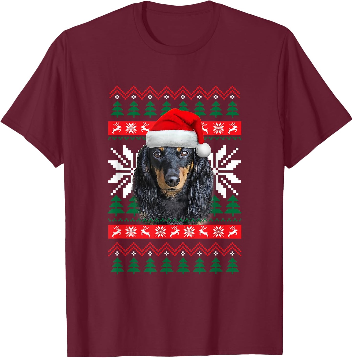 Dachshund Ugly Christmas Sweater Style Santa Hat Doxie Dog Men Women Kids T-Shirt - T-Shirt | Maroon