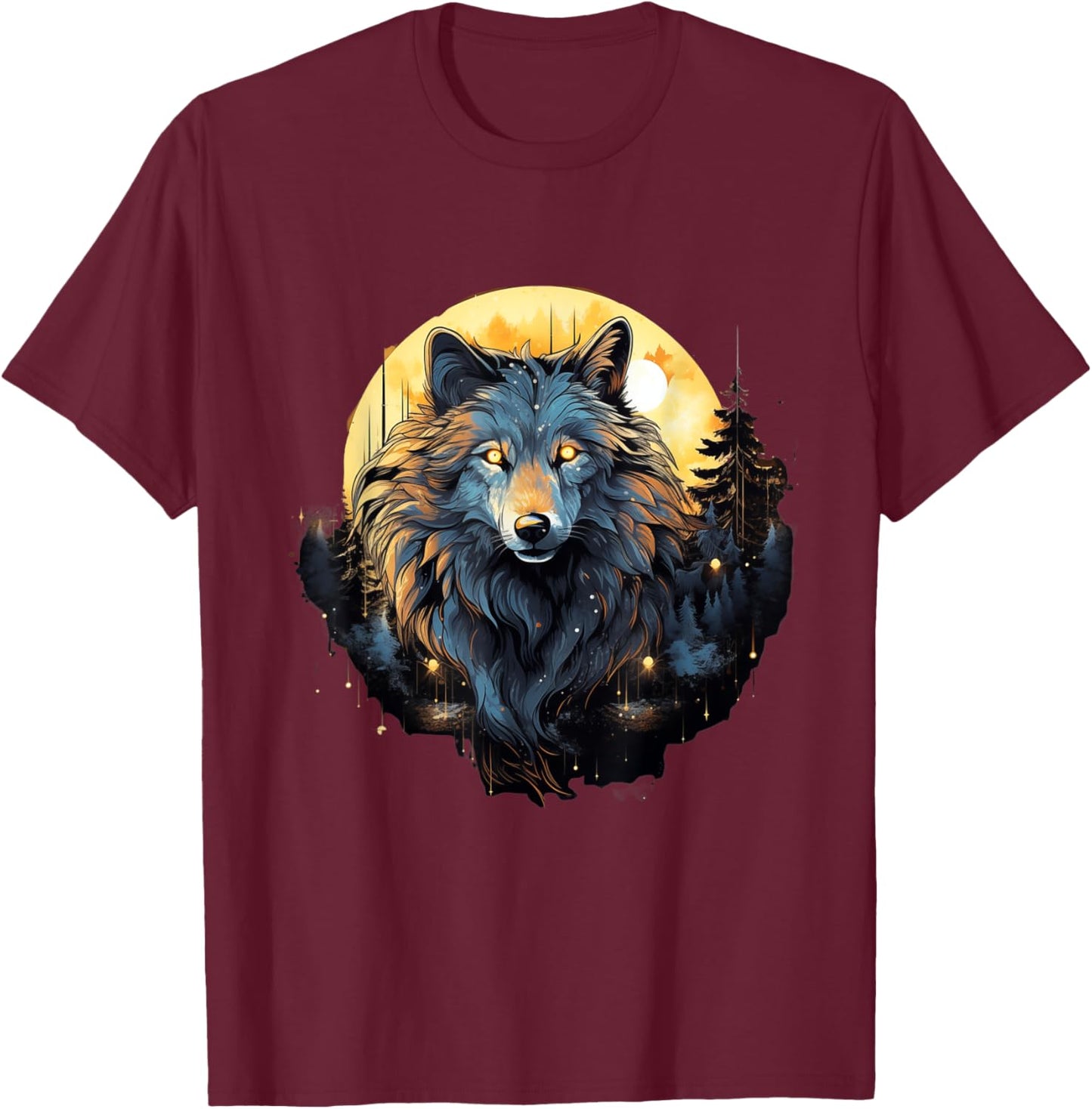 Moonlit Howls: Aesthetic Wolf T-Shirt - T-Shirt | Maroon