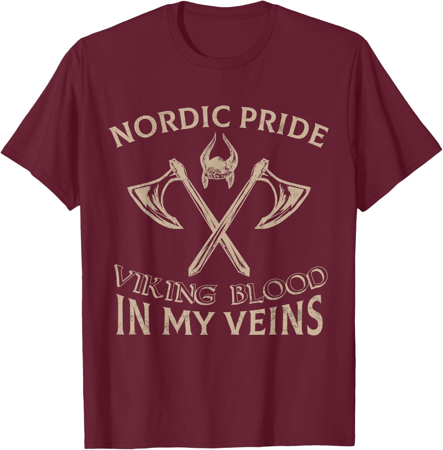 Nordic Pride Viking Blood In My Veins Axe Helmet T-Shirt - T-Shirt | Maroon