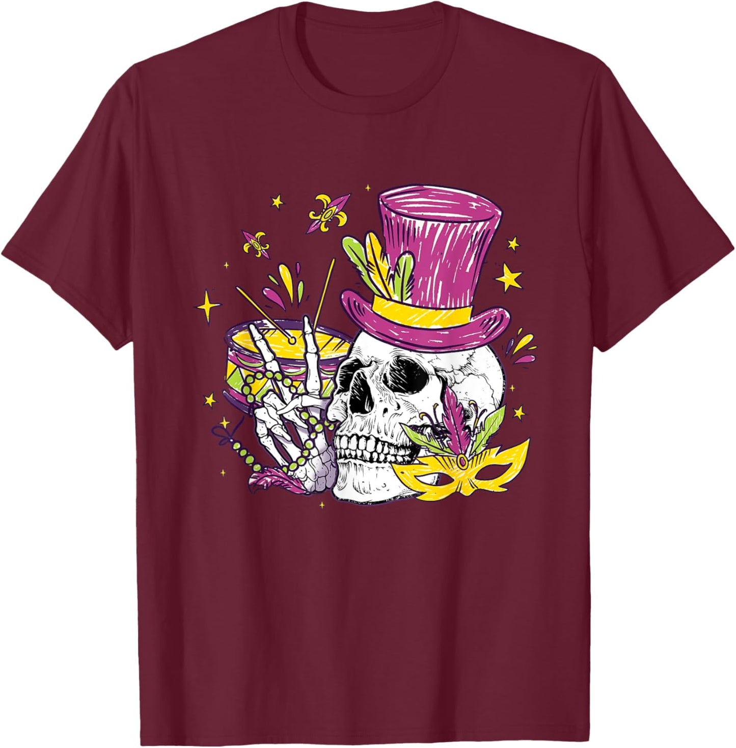 Funny Sugar Skull Mardi Gras Party Apparel Men Women Kids T-Shirt - T-Shirt | Maroon