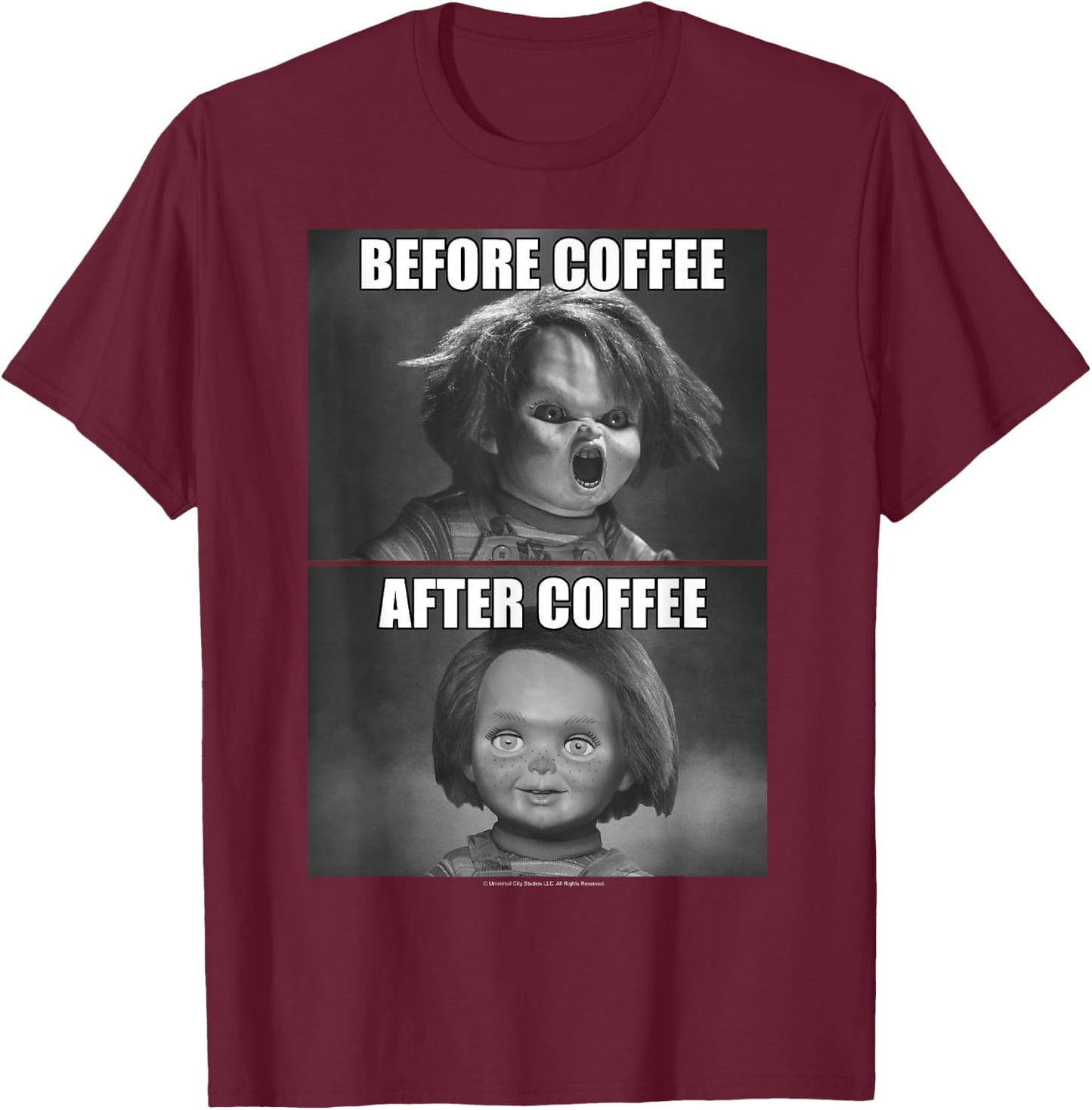 Child's Play Chucky Before Coffee After Coffee T-Shirt - T-Shirt | Maroon