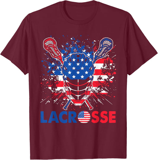 Lacrosse USA Flag Lax Helmet Sticks 4th Of July T-Shirt - T-Shirt | Maroon