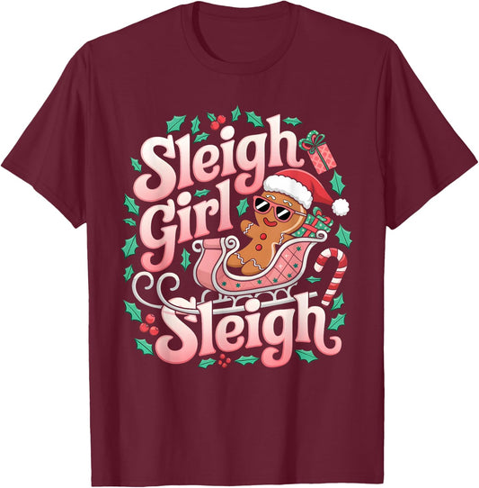 Groovy Pink Christmas Sleigh Girl Sleigh Gingerbread Holiday T-Shirt - T-Shirt | Maroon