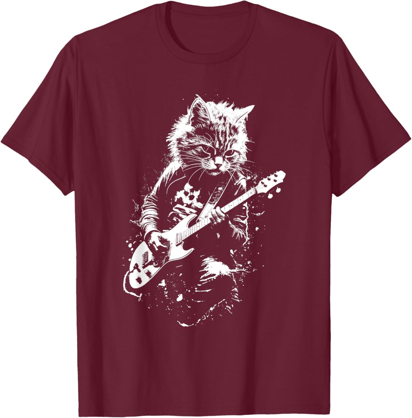 Distressed Cat Playing Guitar Punk Rock & Roll Vintage Women Kids T-Shirt - T-Shirt | Maroon